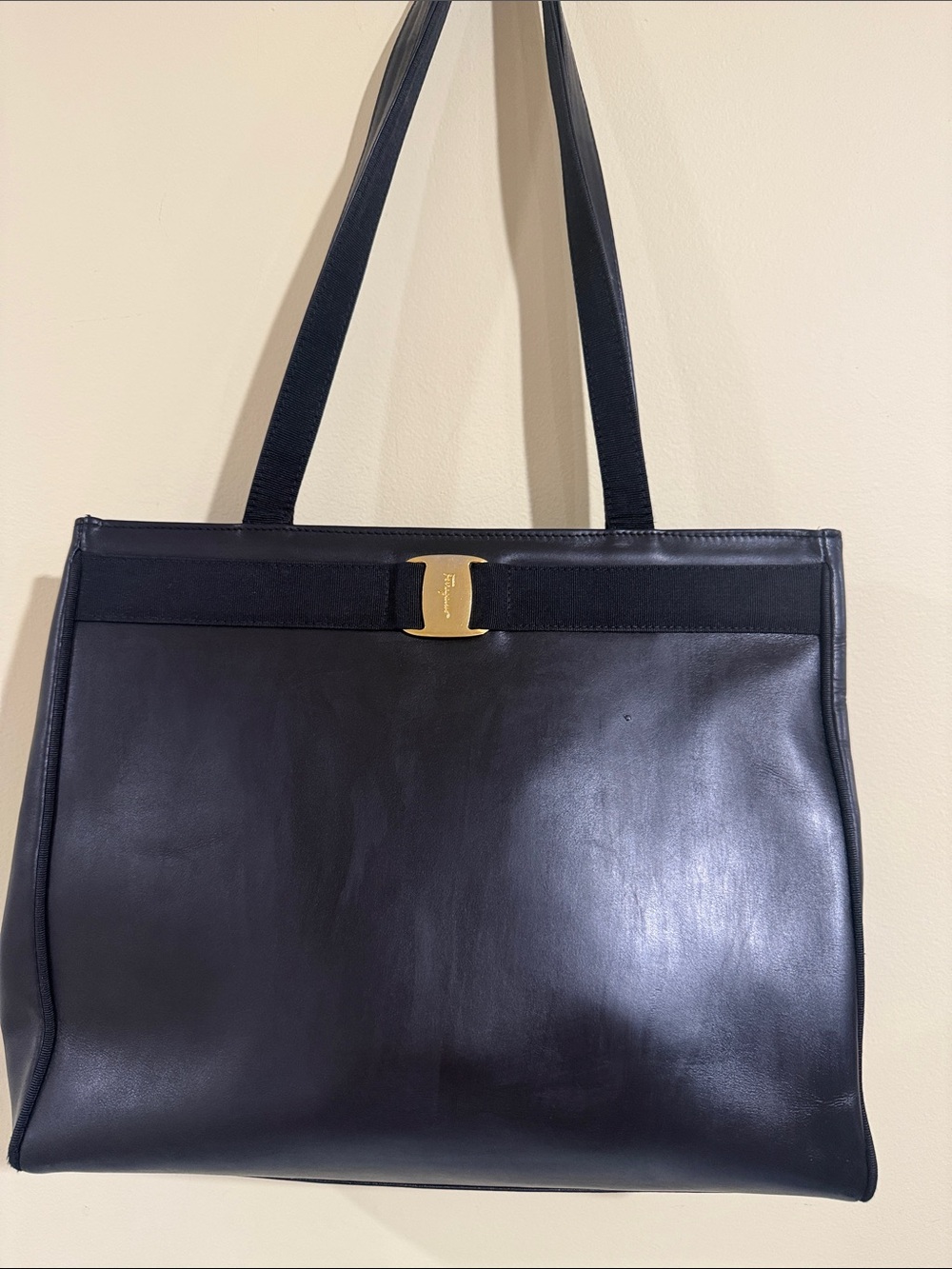 Salvatore Ferragamo Black Leather Shoulder Bag with Gold Buckle